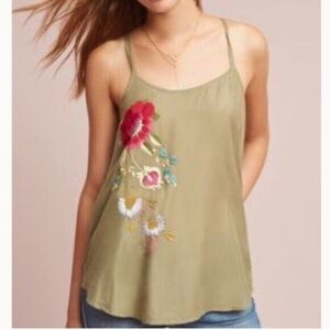 Anthropologie Green Embellished Camisole Sleeveless Scoop Neck